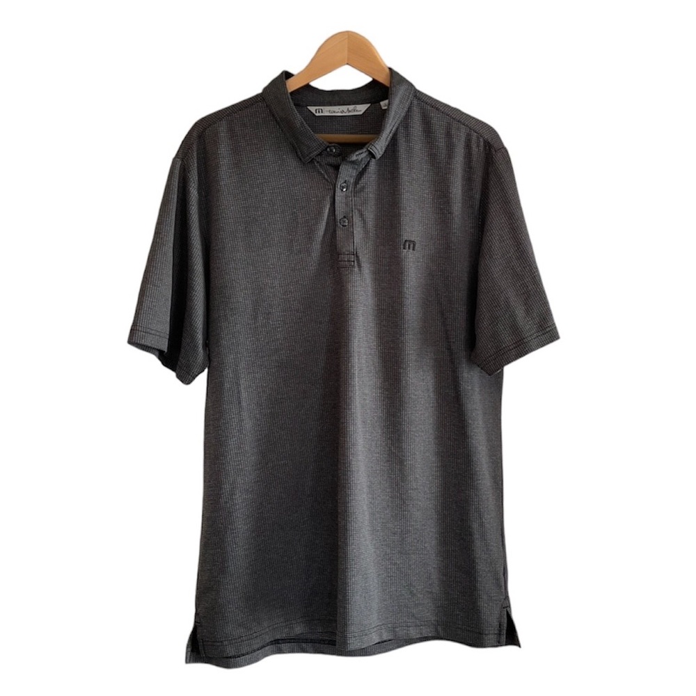 Travis Mathew Men’s L Polo Shirt Gray Micro Check Short Sleeve Golf Casual